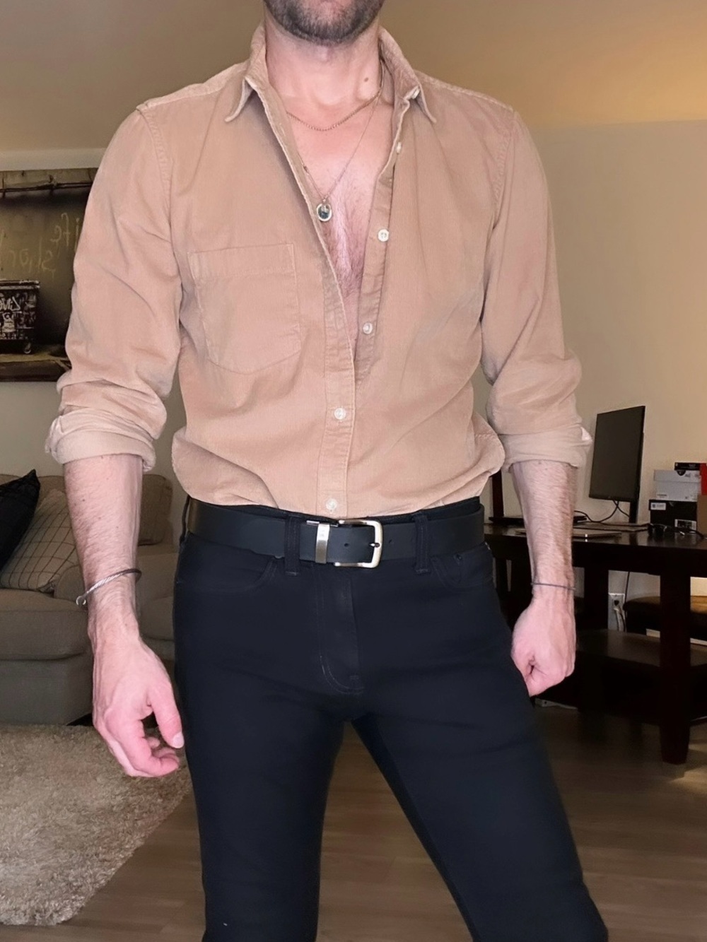 French Connection | Slim Fit Corduroy Shirt in Khaki Tan (Small)